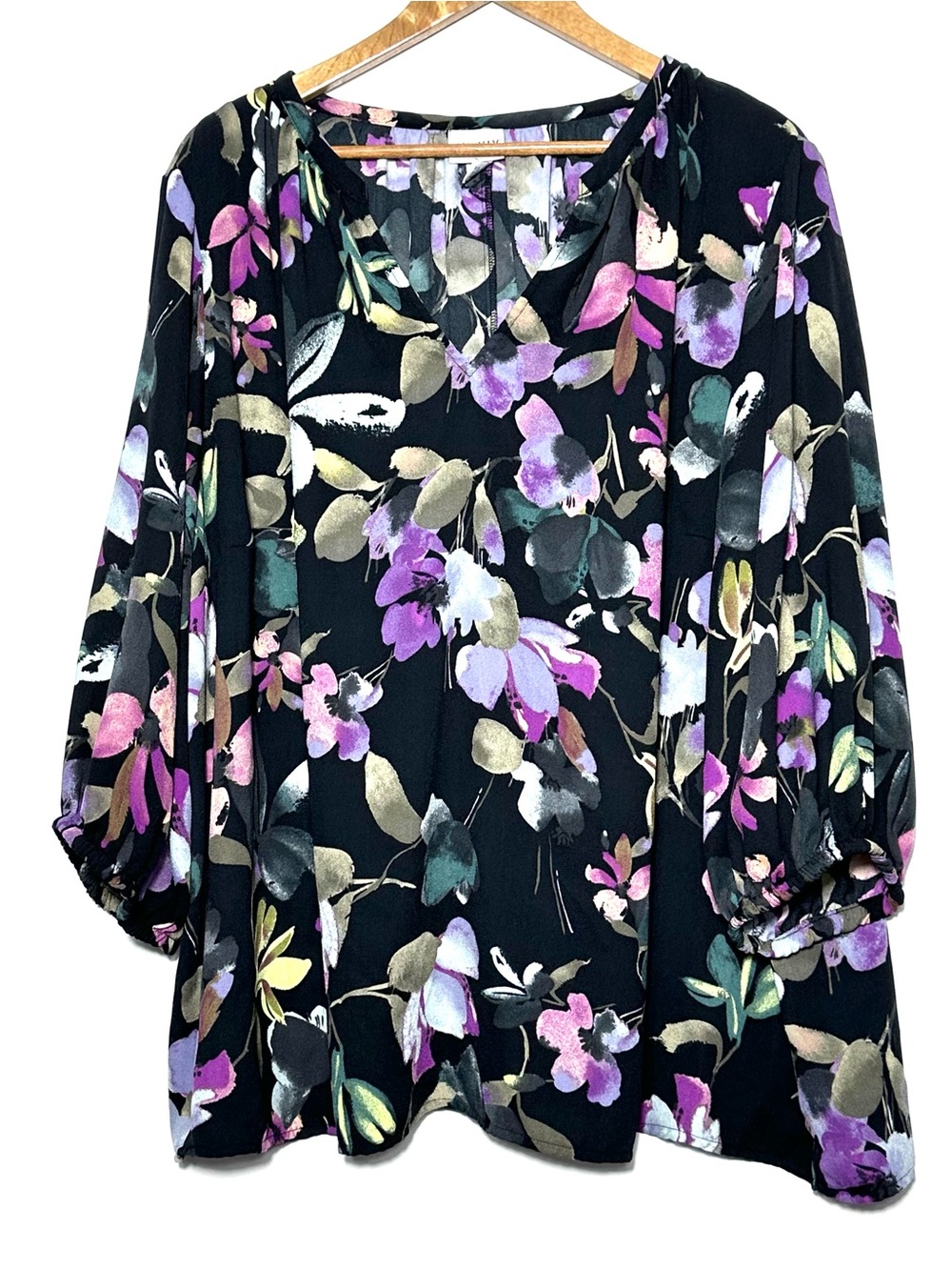 Ava & Viv Plus Shirt Women’s 3X Black Floral Boho 3/4 Sleeve Lightweight Blouse